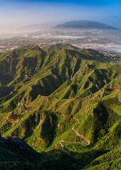 Aerial view of mountain range, green valley of Anaga Rural Park, Tenerife, Canary islands