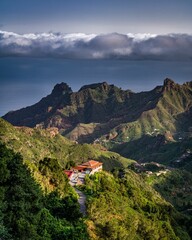 Fototapeta na wymiar Aerial view of mountain range, green valley of Anaga Rural Park, Tenerife, Canary islands