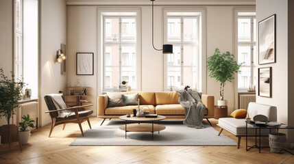 Fototapeta na wymiar A stylish Scandinavian living room featuring a statement piece, such as a mid-century modern armchair, against a backdrop of light-toned walls and minimalistic decor Generative AI