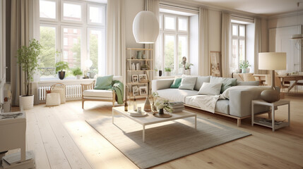 An airy and bright living room in Scandinavian design, characterized by large windows, light wood flooring, and a combination of white and pastel hues, providing a refreshing and s Generative AI