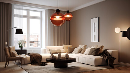 A minimalist Scandinavian living room with a statement lighting fixture, such as a sleek pendant or a modern chandelier, serving as a focal point and adding a touch of elegance Generative AI