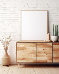 Rustic wooden dresser near white wall with blank mockup poster frame with copy space. Boho interior design of modern living room. Created with generative AI