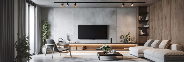 Gray sofa and tv unit in loft interior design of modern living room. Created with generative AI - obrazy, fototapety, plakaty