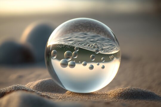 A clear ball on the beach background, generated by AI