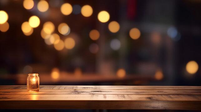 Background Image of wooden table in front of abstract blurred restaurant lights.Free space for text or product placement 