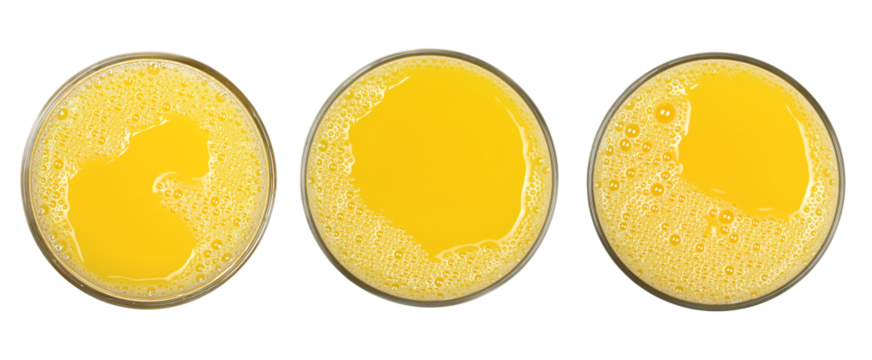 Set orange juice with bubbles in glass cup isolated on white, top view