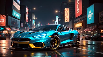 Neon Velocity: Futuristic Sports Car with Dazzling Light Trails
