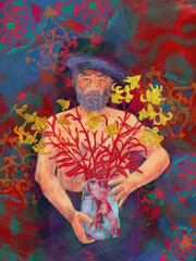 Illustration of a man with a beard and a vase of flowers against the background of traditional patterns
