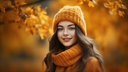 Beautiful girl. Autumn background. Illustration Generative AI.