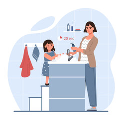 Woman and daughter washing hands concept. Mother with young girl near wash basin. Cleanliness and hygiene, routine. Parent with kid in bathroom care of hygiene. Cartoon flat vector illustration
