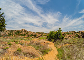 Sunny view of the Treasure Lake trail landscape of Wichita Mountains