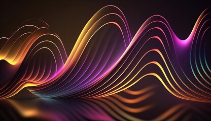3D rendering, abstract neon neon wavy line background flashing in the dark. Contemporary plain wallpaper. Generative Ai.