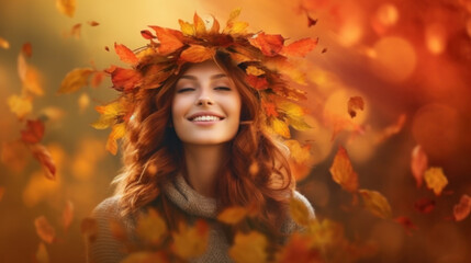 Beautiful girl. Autumn background. Illustration Generative AI.