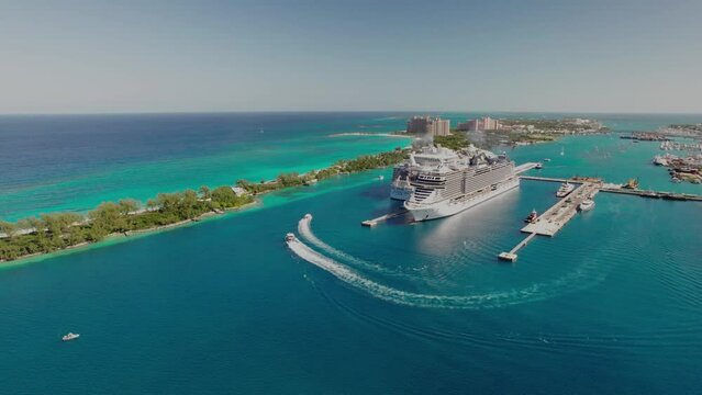 The drone aerial footage of Paradise Island and port of Nassau, Bahamas.