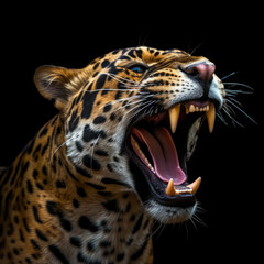 close up of jaguar roaring on black background.
