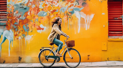 A vibrant urban lifestyle with a young woman cycling through a bustling city street, adorned with colorful street art. Generative ai.