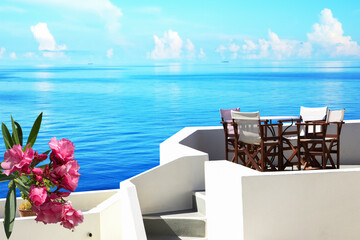 Sea view restaurant terrace, Amalfi coast, Italy