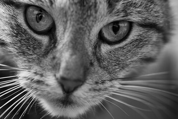 Close-up grayscale shot of a cat staring at the camera