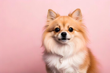 Pomeranian on light pink background