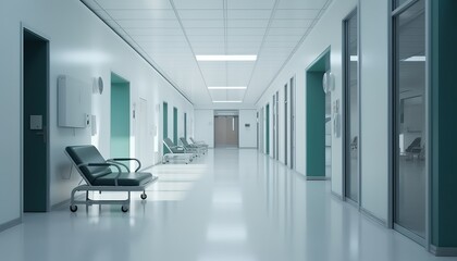 Empty corridor in modern hospital with waiting area and hospital bed in rooms.3d rendering