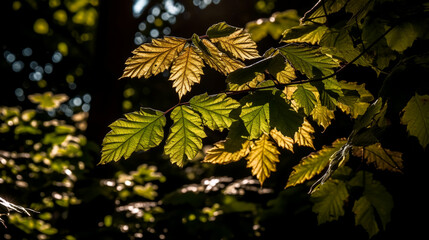 Naklejka na ściany i meble Nature's masterpiece: sunlight filtering through beautiful leaves. Look up and witness the mesmerizing dance of light and nature's artistry. 