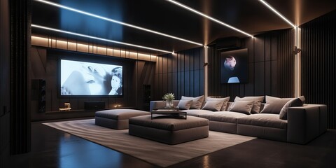 Luxury home theater room with big couch.3d rendering