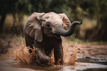 baby elephant calf splashing around in water safari