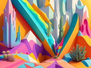 mountain, 3d, landscape, 3d mountain, trippy, sky, mountains, fantasy, climb, low poly, geometric, river, view, nature, psychedelic, surreal, isometric, design, abstract, colorful, cactus, blue sky