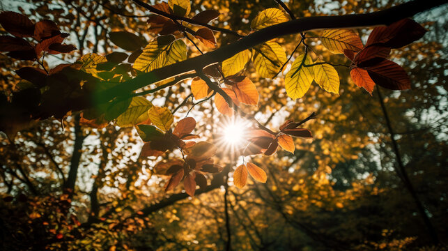 Lift your gaze and be mesmerized by the enchanting sight of sunlight filtering through beautiful autumn leaves.