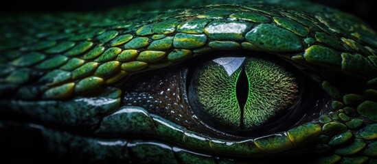Green snake and eye on black background Generative AI