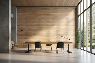 an office with wood desks and glass walls, in the style of high detailed, grey academia, wood, photo-realistic landscapes, vintage minimalism, light silver and light brown