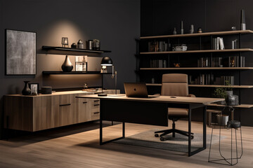 an office with wood desks and glass walls, in the style of high detailed, grey academia, wood, photo-realistic landscapes, vintage minimalism, light silver and light brown