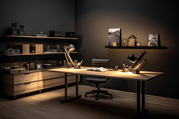 an office with wood desks and glass walls, in the style of high detailed, grey academia, wood, photo-realistic landscapes, vintage minimalism, light silver and light brown