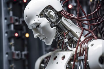 Humanoid robot connected cabel to server machine, Generative AI