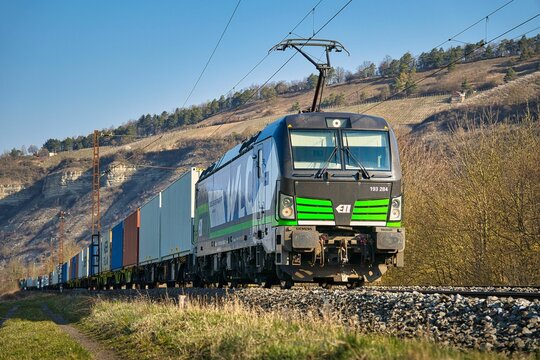 Container train is pulled through Thuengersheim by a class 193 electric locomotive from WLC