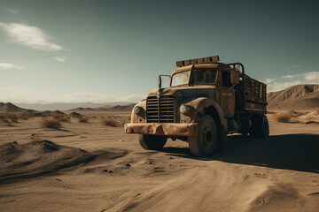 An abandoned old truck in the middle of the desert.Created with generative ai