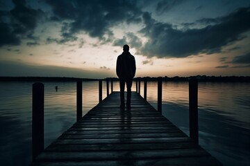 man looks out over a large lake from a footbridge created with Generative AI technology