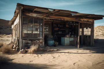 Fototapeta na wymiar An abandoned shop in the middle of the desert.Created with generative ai