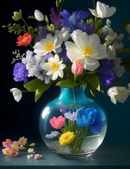 Overflowing Glass Vase. Colorful Spring Blooms in Soft Blue Illumination.