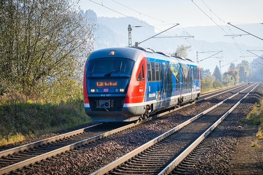 Railcar class 642 (642 037) regional train, in Krippen, on a sunny day