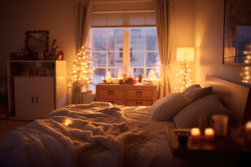 Christmas decoration in cozy bedroom interior
