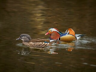 Beautiful shot of two Mandarin ducks (Aix galericulata) swimming together in a pond