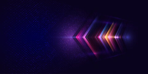 Abstract arrows light effect on dark background. Dynamic geometric overlapping motion. Futuristic template for banner, presentations, flyers, posters. Vector EPS10.