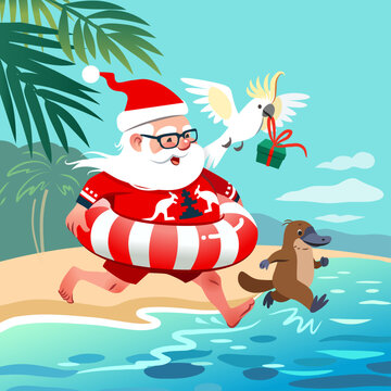 Santa Claus on a sandy beach in Australia with platypus and cockatoo, running into ocean happily with palm trees in background. 