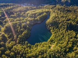 Scenic aerial view of a lake in a forest