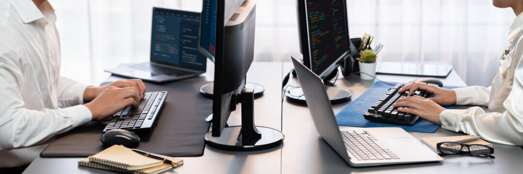 Software development team working together in office, coding script display on computer monitor. Programmer and software engineer working in tech developer company. Trailblazing
