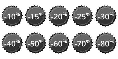 Collection Feuille d'icônes de 10 Pourcentages de Soldes - Noir Blanc