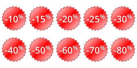 Collection Feuille d'icônes de 10 Pourcentages de Soldes - Rouge Blanc