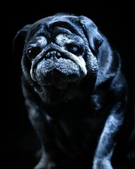 Vertical shot of a black French bulldog on a black background