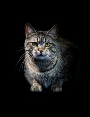 Domestic brown cat in a dark background in closeup
